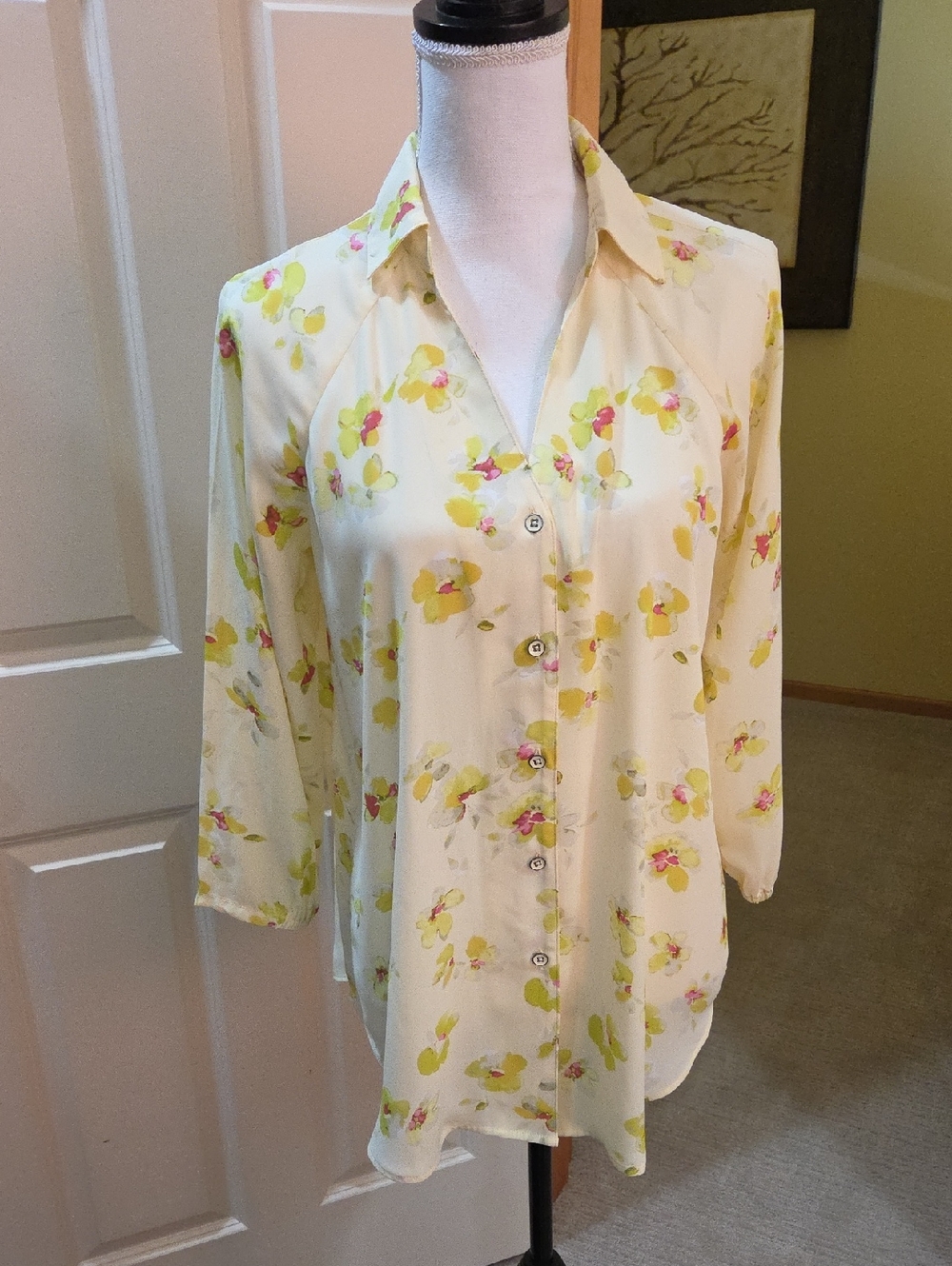 CAbi Pale Yellow Floral Button-Down Blouse